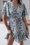 Fashion Casual Print Split Joint V Neck Waist Skirt Dresses