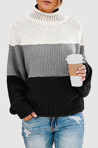 Casual Patchwork Contrast Turtleneck Tops