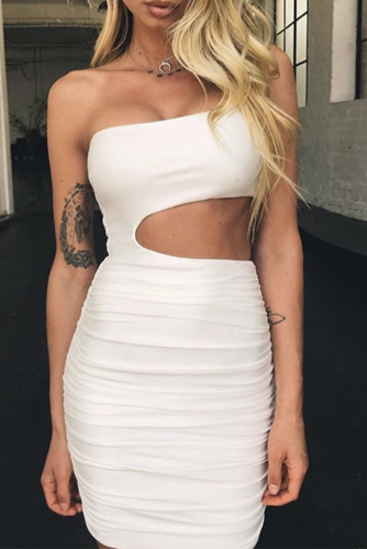 Sexy Solid Backless One Shoulder Wrapped Skirt Dresses