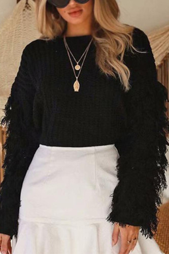 Fashion Street Solid Tassel O Neck Tops