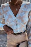 Elegant Print Split Joint Buckle V Neck Tops