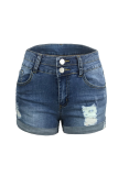 Street Solid Ripped Straight Denim Shorts
