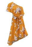 Fashion Street Print Split Joint One Shoulder Irregular Dresses