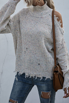 Casual Solid Ripped Turtleneck Tops Sweater