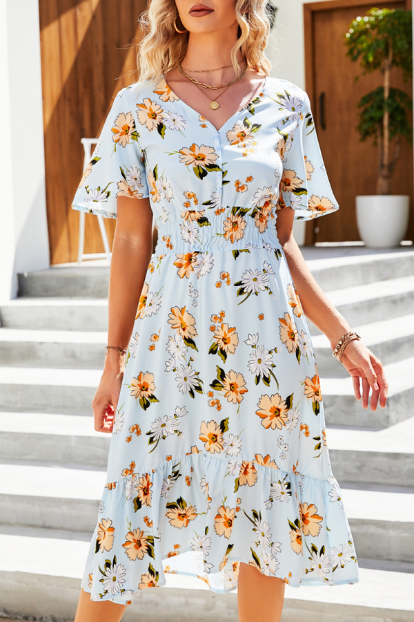 Casual Elegant Floral Buckle Flounce V Neck A Line Dresses