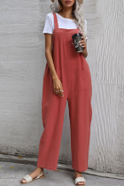 Casual Solid Pocket Buttons Straight Jumpsuits