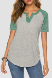 Casual Patchwork Buckle Contrast O Neck T-Shirts