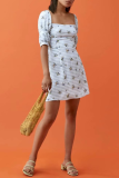 Fashion Elegant Plaid Floral Split Joint Square Collar A Line Dresses