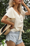 Elegant Solid Buckle Strap Design V Neck Tops