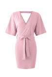 Fashion Elegant Solid Split Joint With Belt V Neck Wrapped Skirt Dresses
