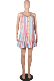 Fashion Casual Striped Buckle Flounce V Neck A Line Dresses