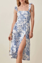 Vintage Elegant Floral Flounce Slit Square Collar A Line Dresses