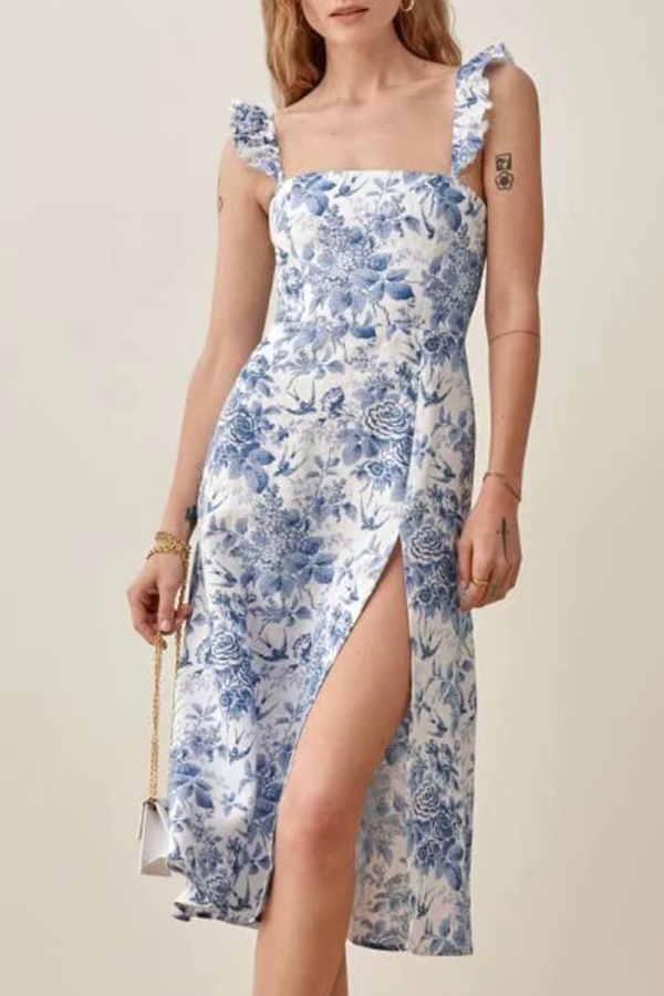 Vintage Elegant Floral Flounce Slit Square Collar A Line Dresses