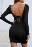 Fashion Casual Solid Backless O Neck Wrapped Skirt Dresses