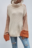 Casual Patchwork Contrast Turndown Collar Tops Sweater