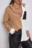 Elegant Patchwork Buckle Contrast Turndown Collar Tops