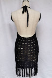 Fashion Sexy Solid Tassel Hollowed Out V Neck Dresses