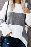 Casual Patchwork Contrast O Neck Tops Sweater