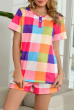 Fashion Casual Plaid Split Joint O Neck Short Sleeve Two Pieces