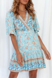 Fashion Elegant Floral Split Joint V Neck A Line Dresses