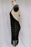 Fashion Sexy Solid Tassel Hollowed Out V Neck Dresses