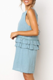 Casual Solid Backless Flounce O Neck A Line Dresses