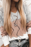 Casual Patchwork Hollowed Out Contrast V Neck Tops Sweater