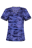 Casual Street Camouflage Print Hollowed Out Split Joint V Neck T-Shirts