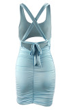 Sexy Solid Backless Cross Straps U Neck Wrapped Skirt Dresses