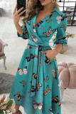 Fashion Street Print Frenulum V Neck A Line Dresses