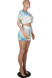 Fashion Living Tie Dye Split Joint O Neck Short Sleeve Two Pieces