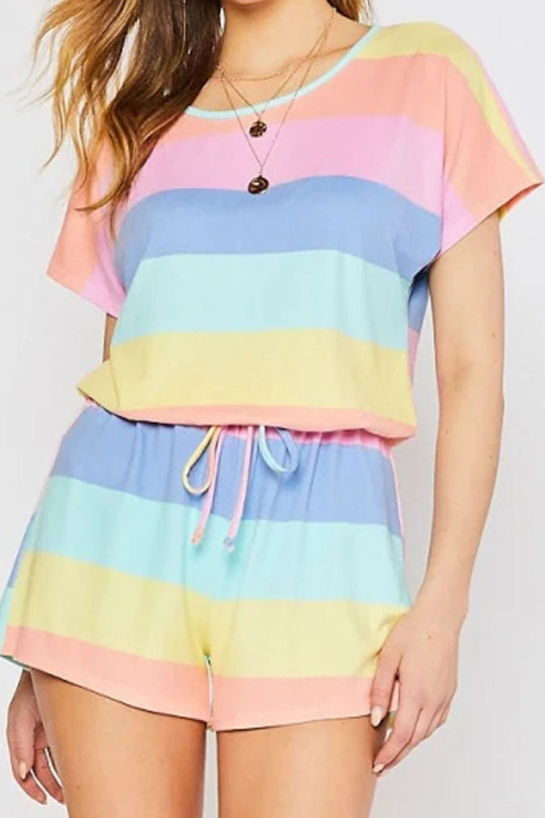 Fashion Casual Striped Split Joint O Neck Short Sleeve Two Pieces