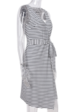 Elegant Striped Split Joint With Belt V Neck Wrapped Skirt Dresses