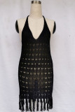 Fashion Sexy Solid Tassel Hollowed Out V Neck Dresses
