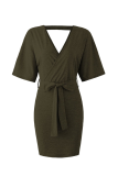 Fashion Elegant Solid Split Joint With Belt V Neck Wrapped Skirt Dresses