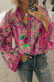 Street Print Split Joint Buttons Mandarin Collar Tops