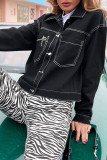 Fashion Street Solid Split Joint Turndown Collar Long Sleeve Loose Denim
