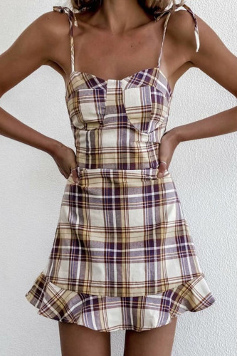 Fashion Street Plaid Frenulum Spaghetti Strap A Line Dresses