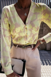 Elegant Print Split Joint Buckle V Neck Tops