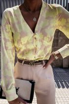 Elegant Print Split Joint Buckle V Neck Tops