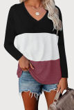 Casual Color Lump Split Joint V Neck Tops