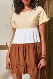Sweet Color Block Split Joint Contrast O Neck Pleated Dresses