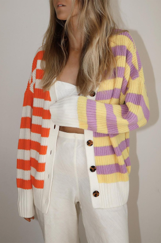 Casual Striped Buckle V Neck Tops Sweater