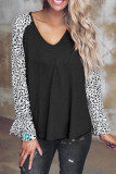 Fashion Casual Leopard Split Joint V Neck T-Shirts