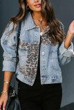Fashion Street Leopard Split Joint Turndown Collar Denim