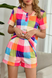 Fashion Casual Plaid Split Joint O Neck Short Sleeve Two Pieces