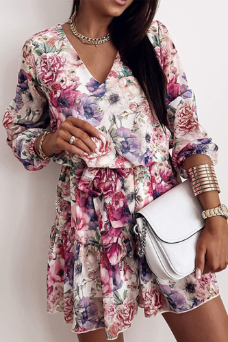 Elegant Floral Frenulum Flounce V Neck A Line Dresses