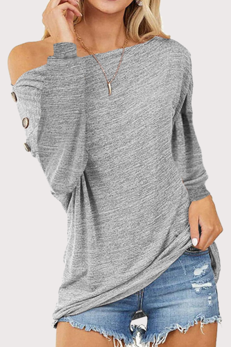 Casual Solid Buckle Oblique Collar Tops