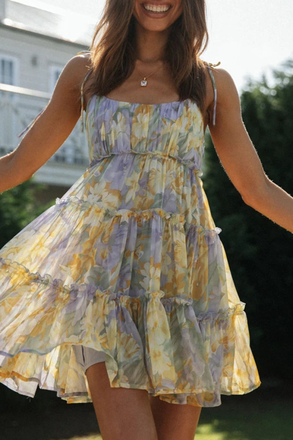 Fashion Bohemian Print Split Joint Spaghetti Strap Beach Dresses