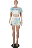 Fashion Living Tie Dye Split Joint O Neck Short Sleeve Two Pieces